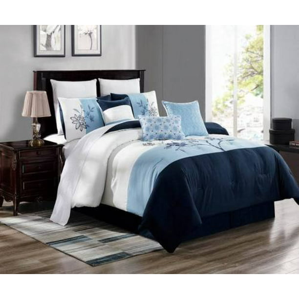 Jane 7 Piece Comforter Set Cotton Touch, Light Blue And White Queen Bedding