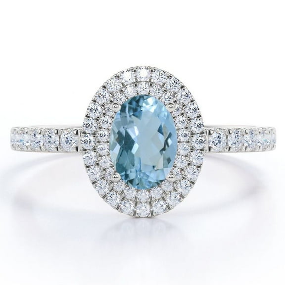 JeenMata Double Cluster 1.35 Carat Egg Shaped Ocean Blue Created Aquamarine and Moissanite Pave Set Engagement Ring in 18K White Gold Plating over Silver