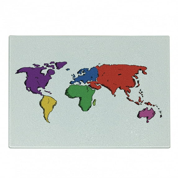 World Map Cutting Board, Contemporary Illustration of World Map Image Where People Live Theme, Decorative Tempered Glass Cutting and Serving Board, Small Size, Multicolor, by Ambesonne