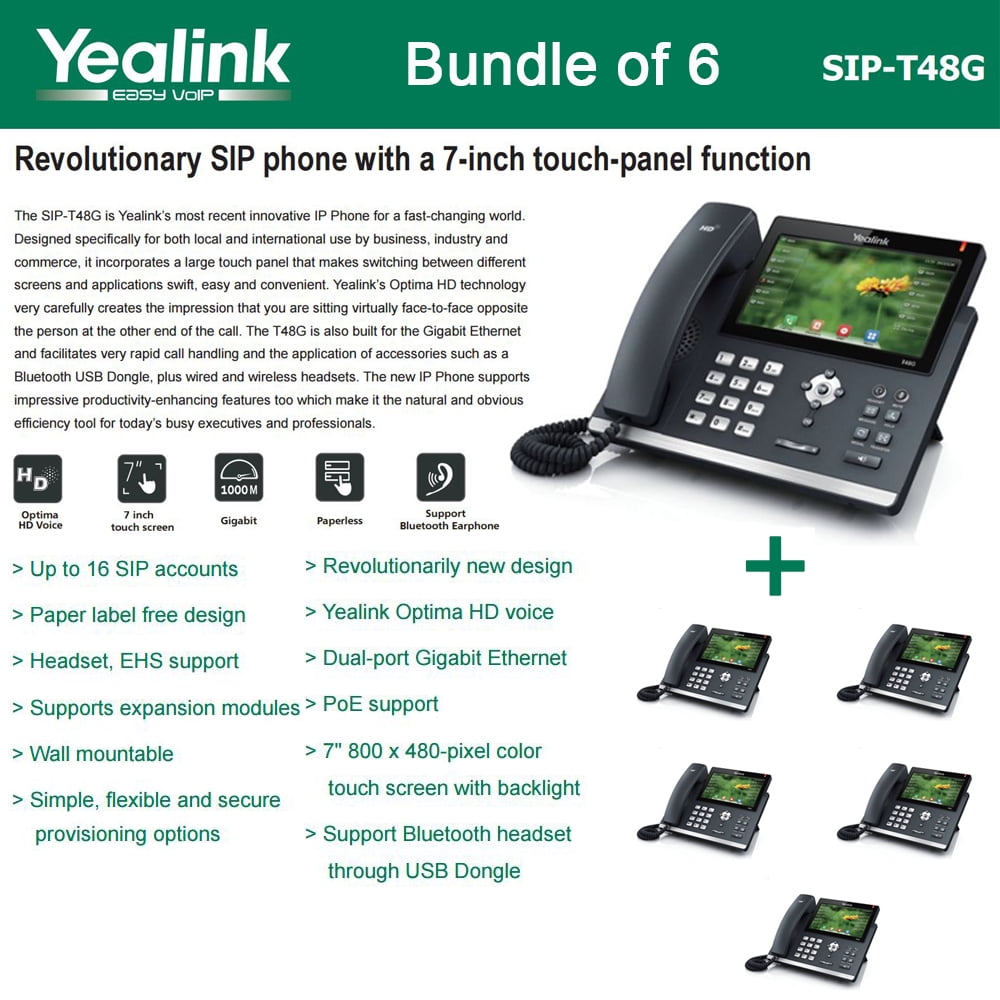 Yealink SIP-T48G 6-Pack Gigabit 16 Line IP Phone Touchscreen POE No ...