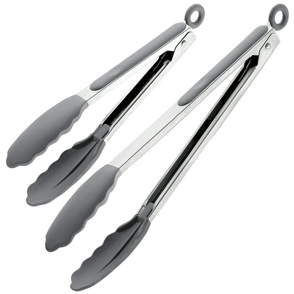 Yayle Stainless Steel Silicone Cooking Tongs 12” And 9” Unique Kitchen Tongs For Cooking With Non Slip Grip, Hanging Ring & Rustproof Kitchen Kit For Cooking Steaks