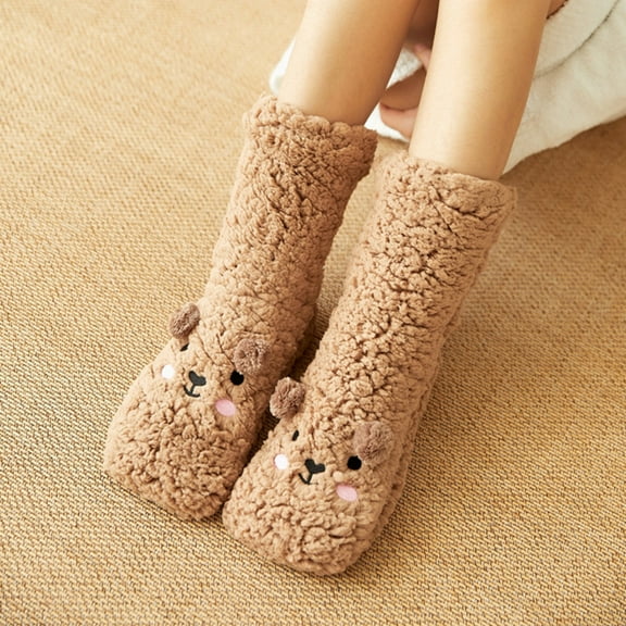 Slipper Socks for Women with Grippers Non Slip Fuzzy Grip Winter Warm Cozy Thick Comfy Soft Fleece Cabin Socks Coffee