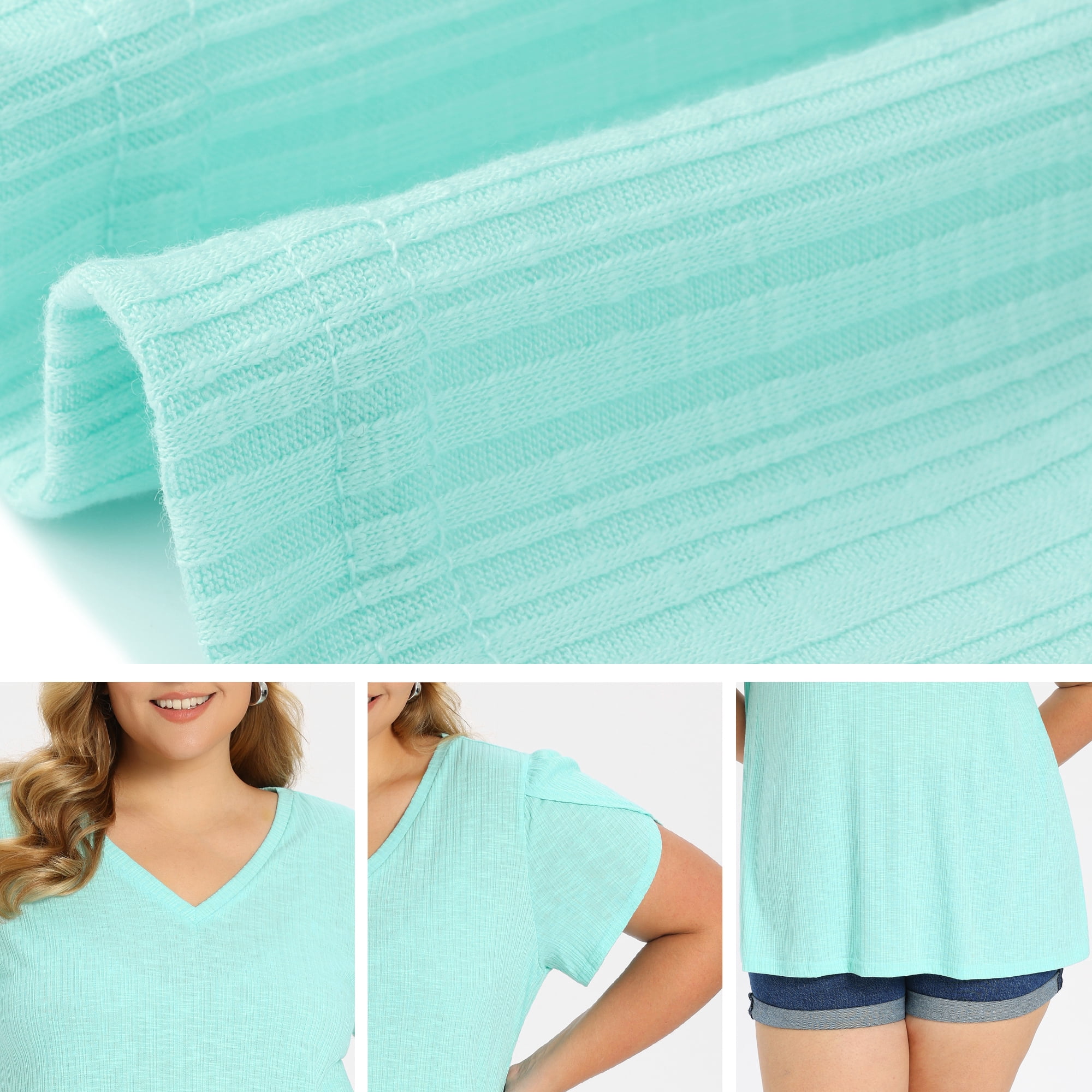 DARING DIVA Women's Plus Tulip Sleeve V Neck T Shirts Basic Blouses 2X Mint Green
