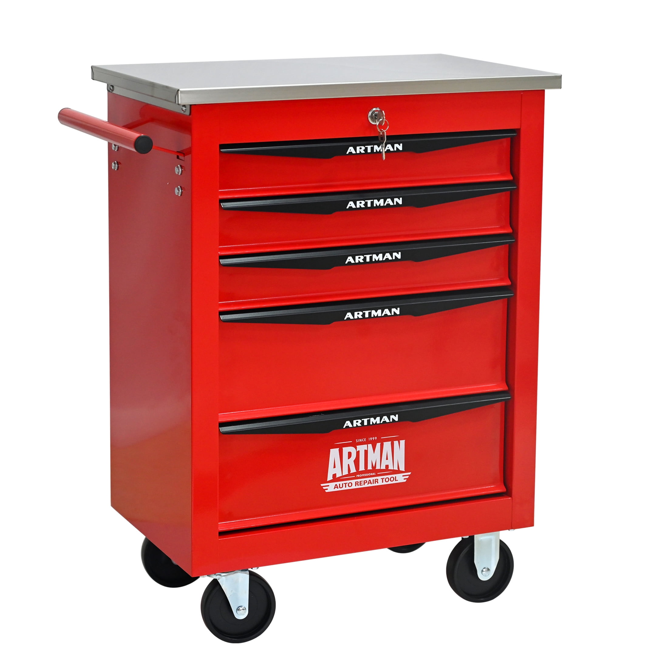 Noble House 5-Drawer Rolling Tool Organizer Cart, Steel Mobile Chest Storage with Worktop for Garage Workshop, Red