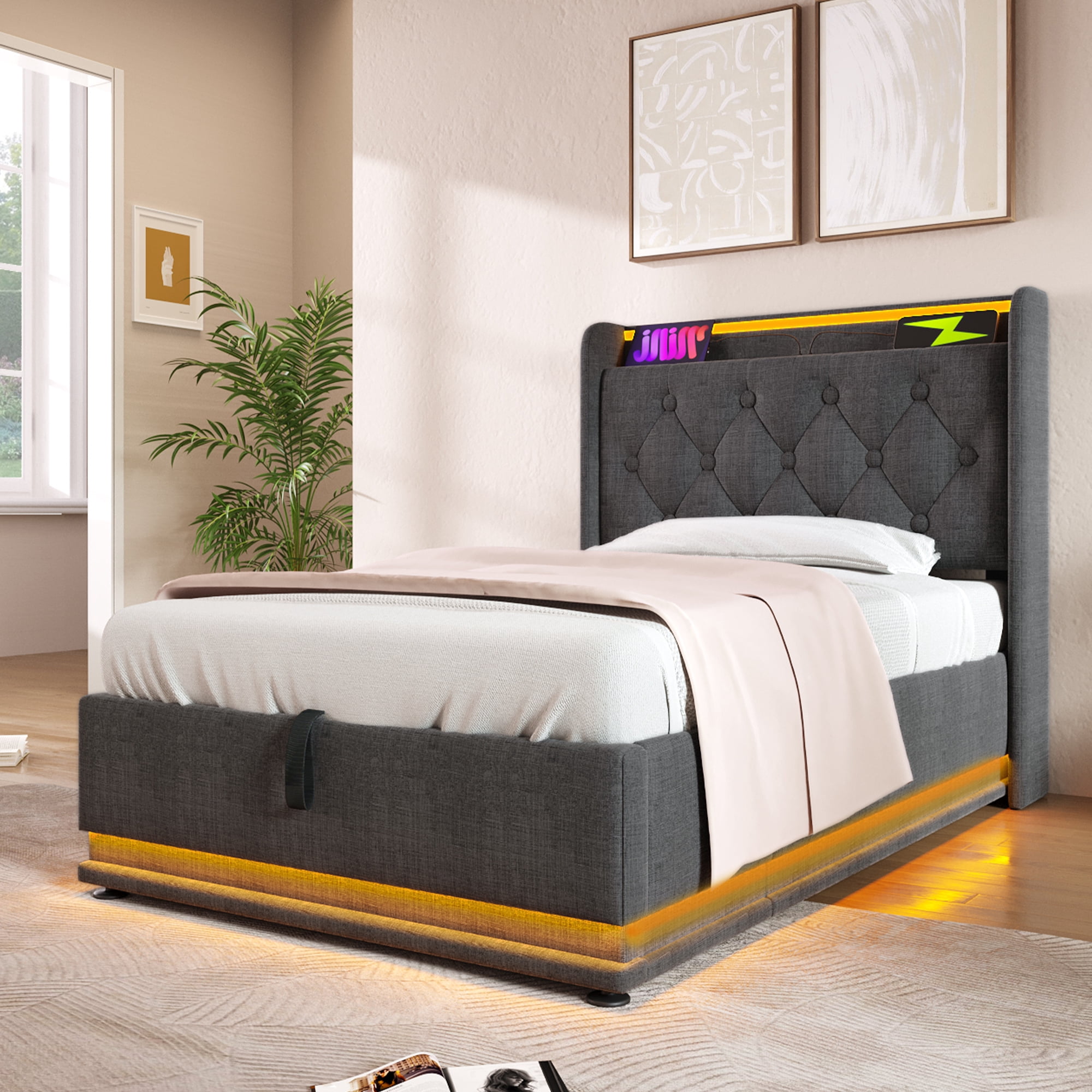 Euroco Upholstered Twin Size Platform Bed with Hydraulic Storage for Child, 360 Surround LED Light Linen Bed with USB Charging Station for Kids Teens, Gray