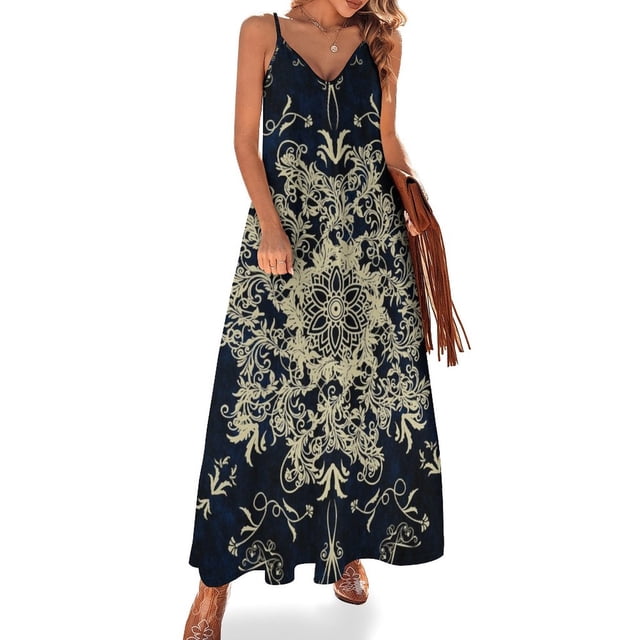 Vestido sin mangas con diseño de mandala dorado y florecimiento zen y yoga, estilo bohemio, con diseño de mandala, elegantes vestidos de noche para mujer 2024, bonito vestido