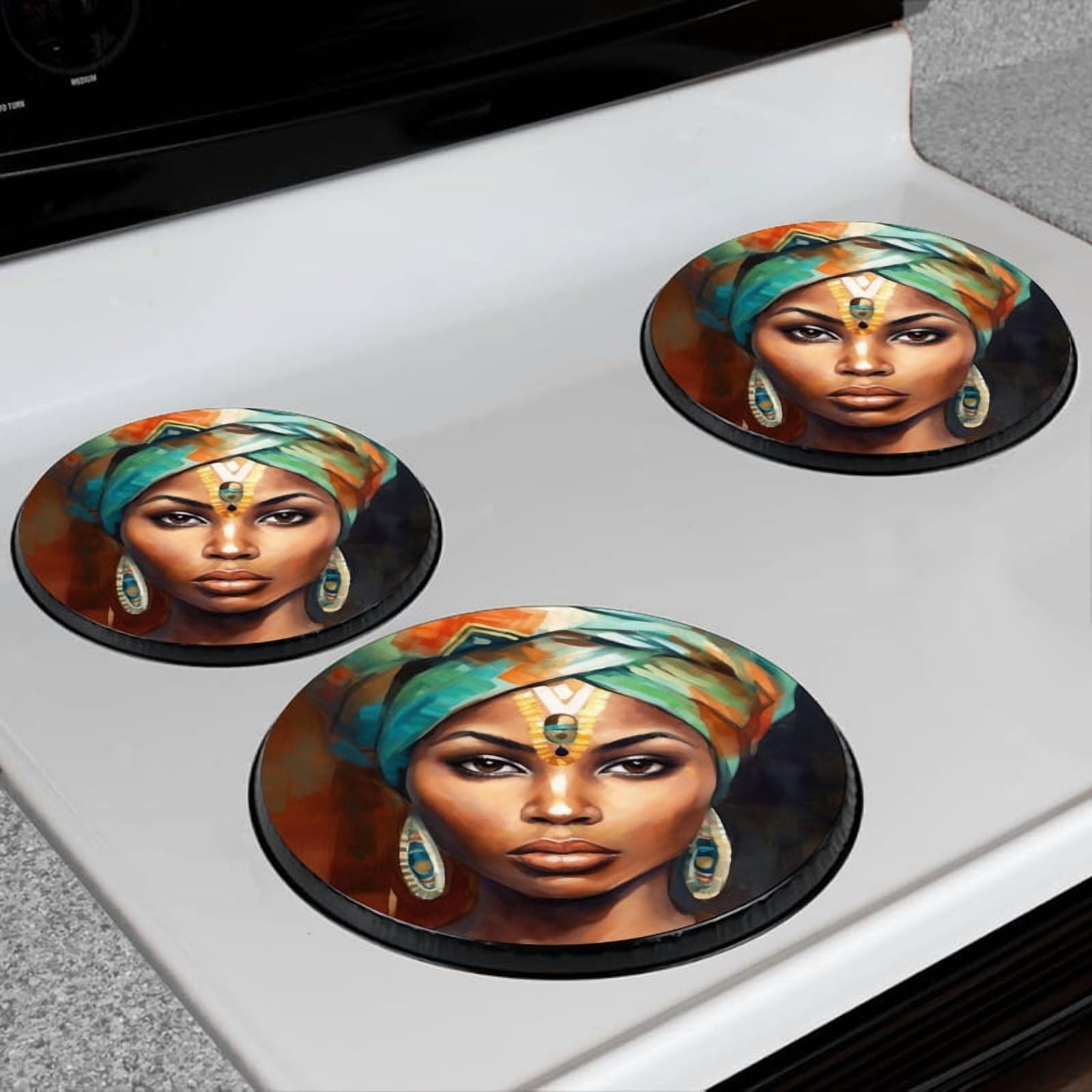 BaHomeck Electric Stove Burner Covers Set of 4,Round Metal Gas Stove Burner Covers 8 Inch and 10 Inch,Kitchen Decor,Beautiful African Woman With Head Wrap