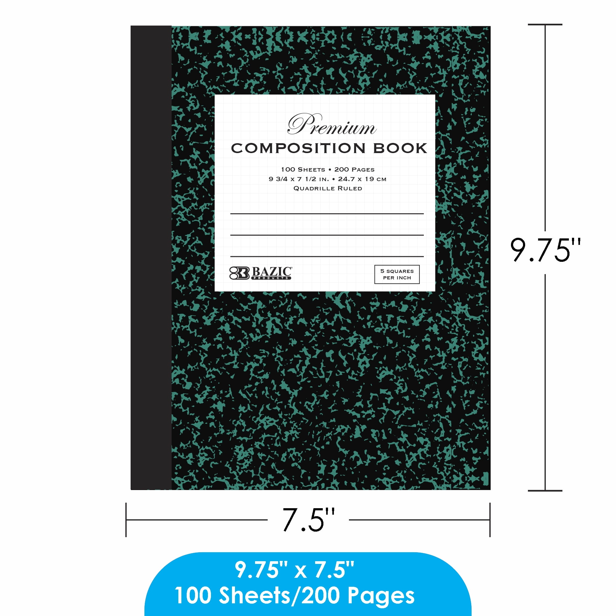 BAZIC Composition Book Marble 1/5 Quad-Ruled 100 Sheet Notebook, Graph Ruled, 4-Pack