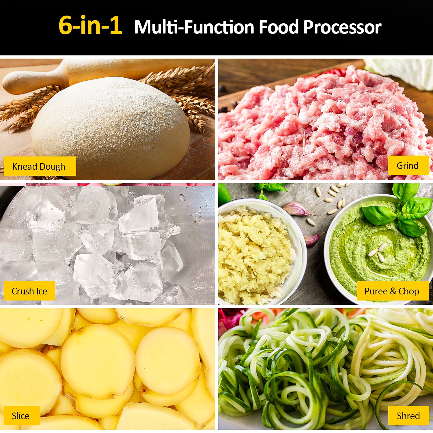 TINANA 6-in-1 Food Processor, 10 Cup 1000W Electric Vegetable Chopper, Multifunctional Slicer, Food Shredder, Dough Mixer, BPA-Free, Dishwasher Safe Kitchen Appliance for Family Cooking and Meal Prep
