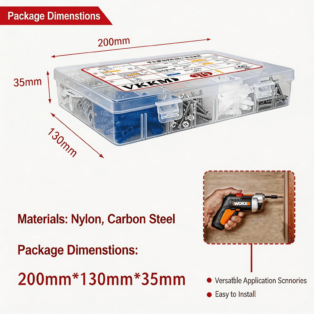 VKKM 370pcs Drywall Anchors and Screws assortment, Heavy Duty plastic Expansion variety pack, Mixed size for Hollow Wall