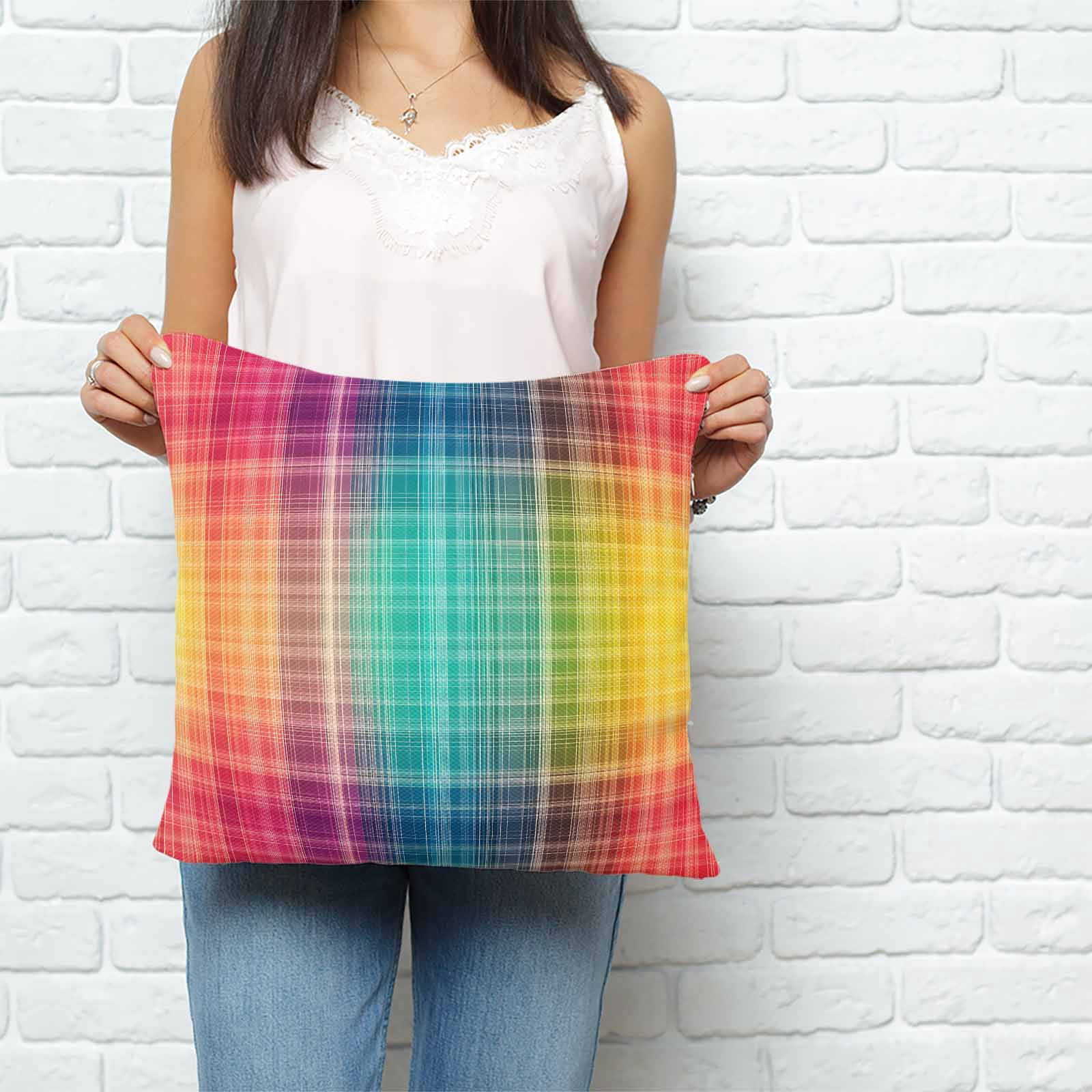 Throw Pillow Covers 26x26 Inch, Colorful Plaid Decorative Pillow Cases for Couch Sofa Bed, Modern Chic Rainbow Gradient Striped Cotton Linen Square Home Decor Pillowcases with Hidden Zipper