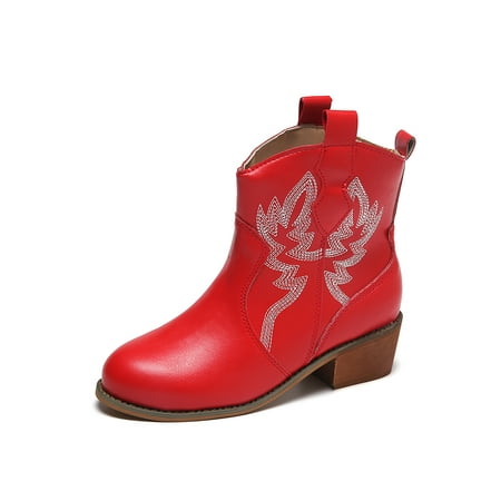 

Crocowalk Ladies Western Booties Casual Winter Boot Slip On Ankle Boots Anti-slip Embroidered Shoes Women Lightweight Stacked Heel Fashion Bootie Red 8.5