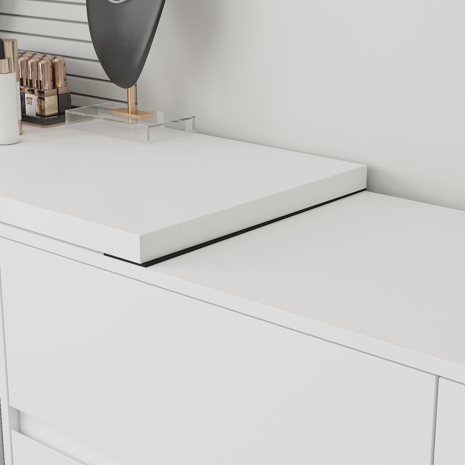 KULAGAGA 6 Drawer Dresser with Rotatable Tabletop, Modern Chest of Drawers with Extendable Desk (No More Than 98" W), Drawer Organizer for Bedroom Home Office, White Dresser