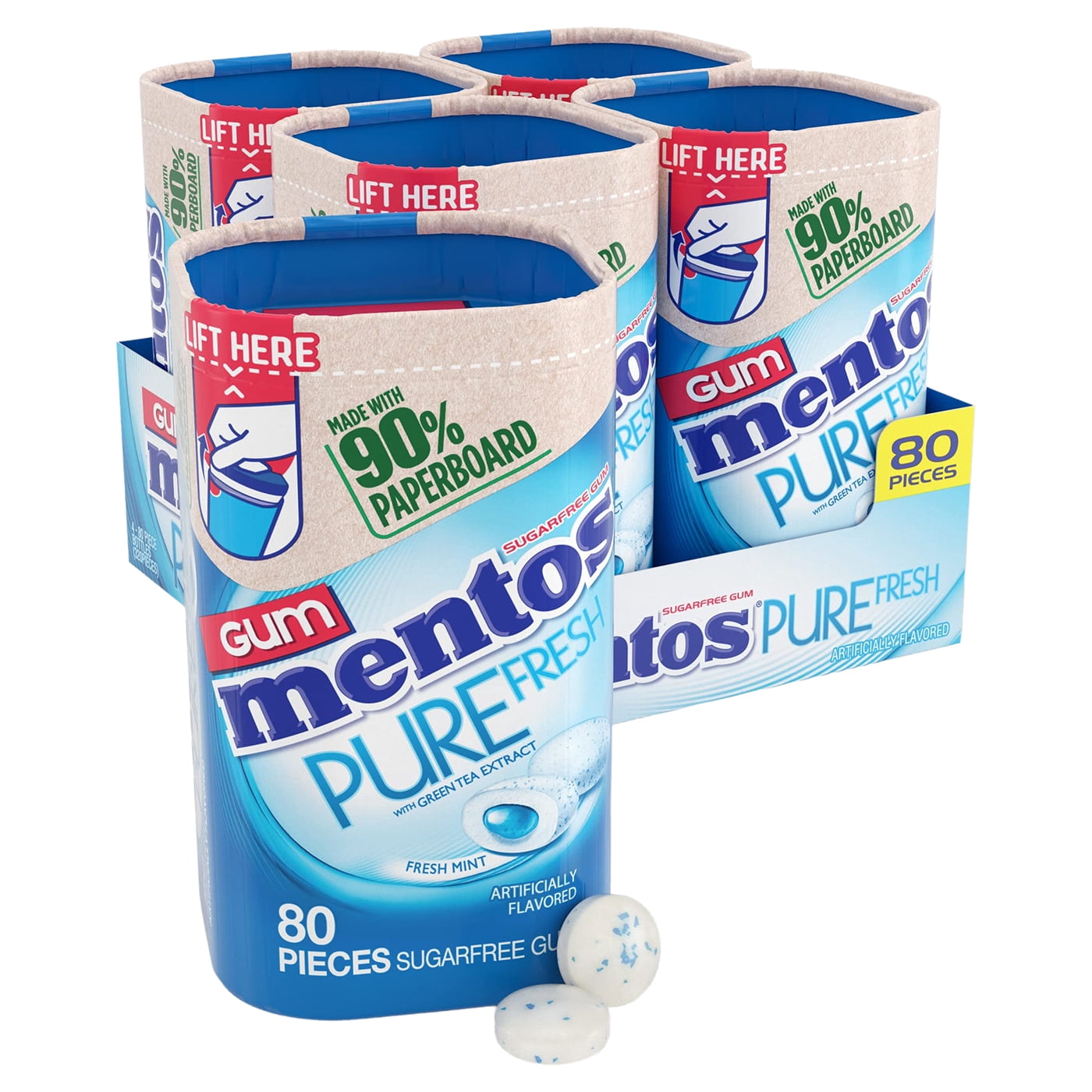 Mentos Pure Fresh Chewing Gum, Sugar-Free, Xylitol, Fresh Mint, 80 Piece Bottle, recyclable 90% Paperboard Bottle, 80 Count (Pack of 4)