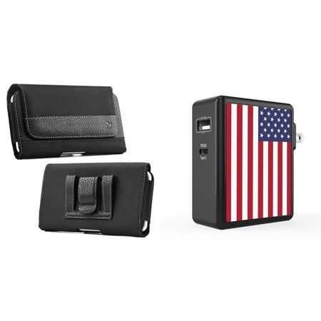 

Holster and Wall Charger Bundle for Samsung Galaxy A53 5G: PU Leather Nylon Belt Pouch Case (Black) and 45W Dual USB Port PD Power Delivery Type-C and USB-A Power Adapter (American USA Flag)