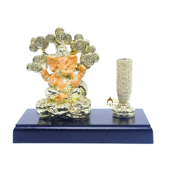 StatueStudio Indian Style Hindu God Ganpati With Pen Stand Statue - Resin Ganesha Behind Tree Big Size Murti Golden Golden