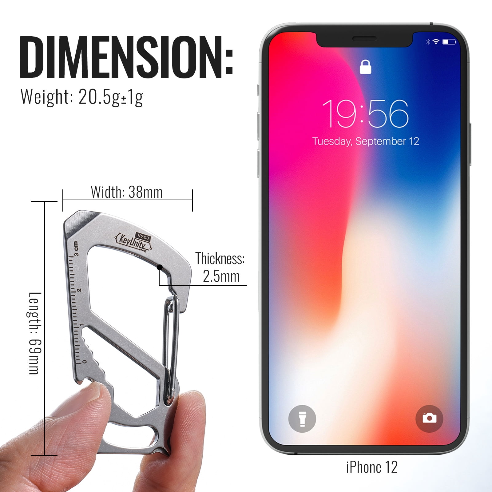 Key Unity 7-in-1 Stainless Steel Carabiner Clip, KS00 EDC Multitool with Ruler, Bottle Opener, Wrench, Key Clip, Pry Bar, Phillips Screwdriver and Slotted Screwdriver, Sliver