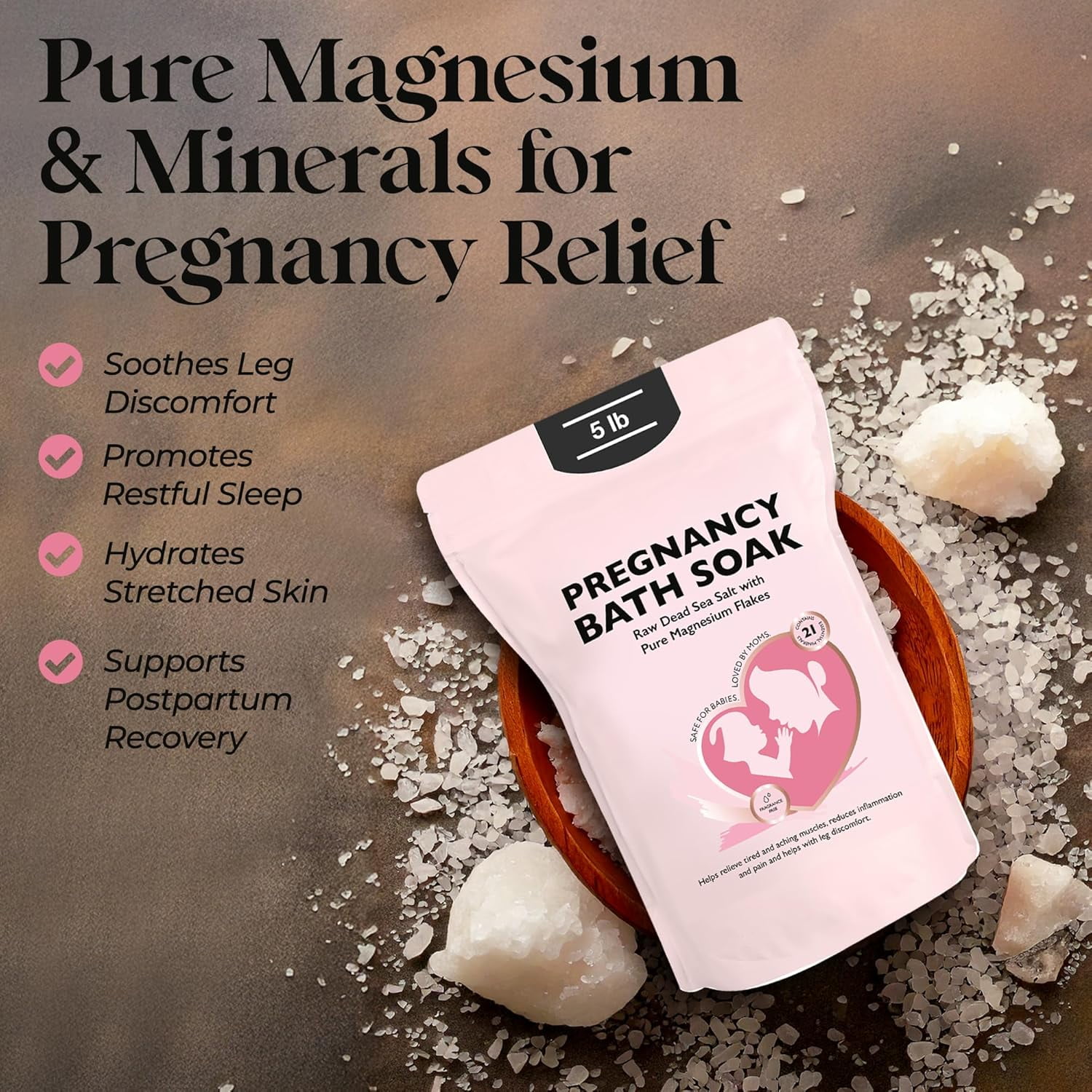 Aromasong Dead Sea Pregnancy Bath Soak with Pure Magnesium Flakes, 5 lb, All-Natural Mineral-Rich Bath Salt for Moms-to-Be