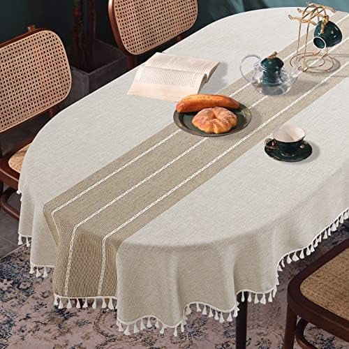 Solid Embroidery Oval Tablecloth with Tassels for Oval Table, 52 x 70 Inch Lace Dust-Proof Table Cover for Kitchen Dinning, Wrinkle Free Anti-Fading Tabletop Decoration