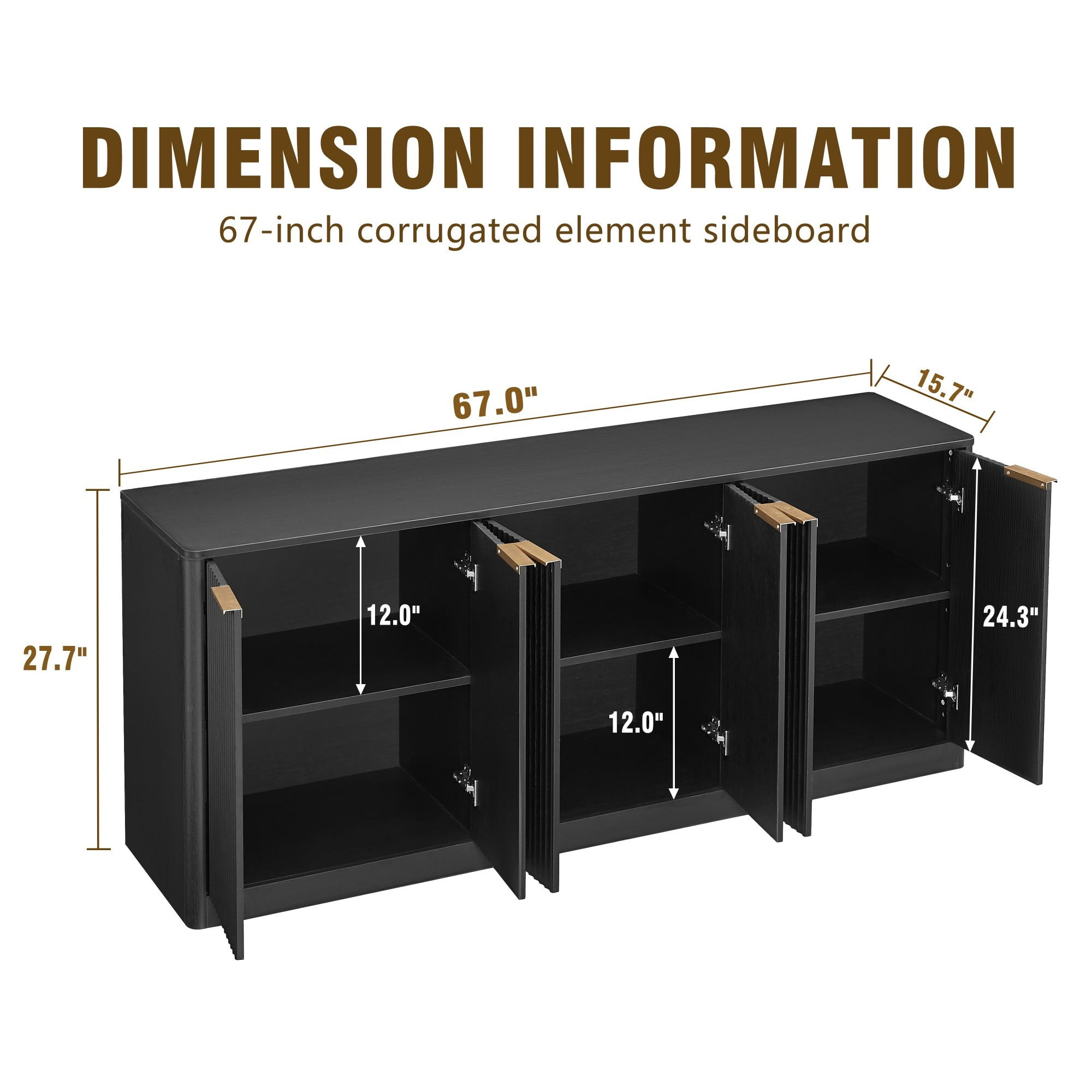 67" Modern Wavy Sideboard Cabinet, 6-Door Curved Storage Cabinet, Large TV Stand Buffet Console for Living Room Kitchen, Black