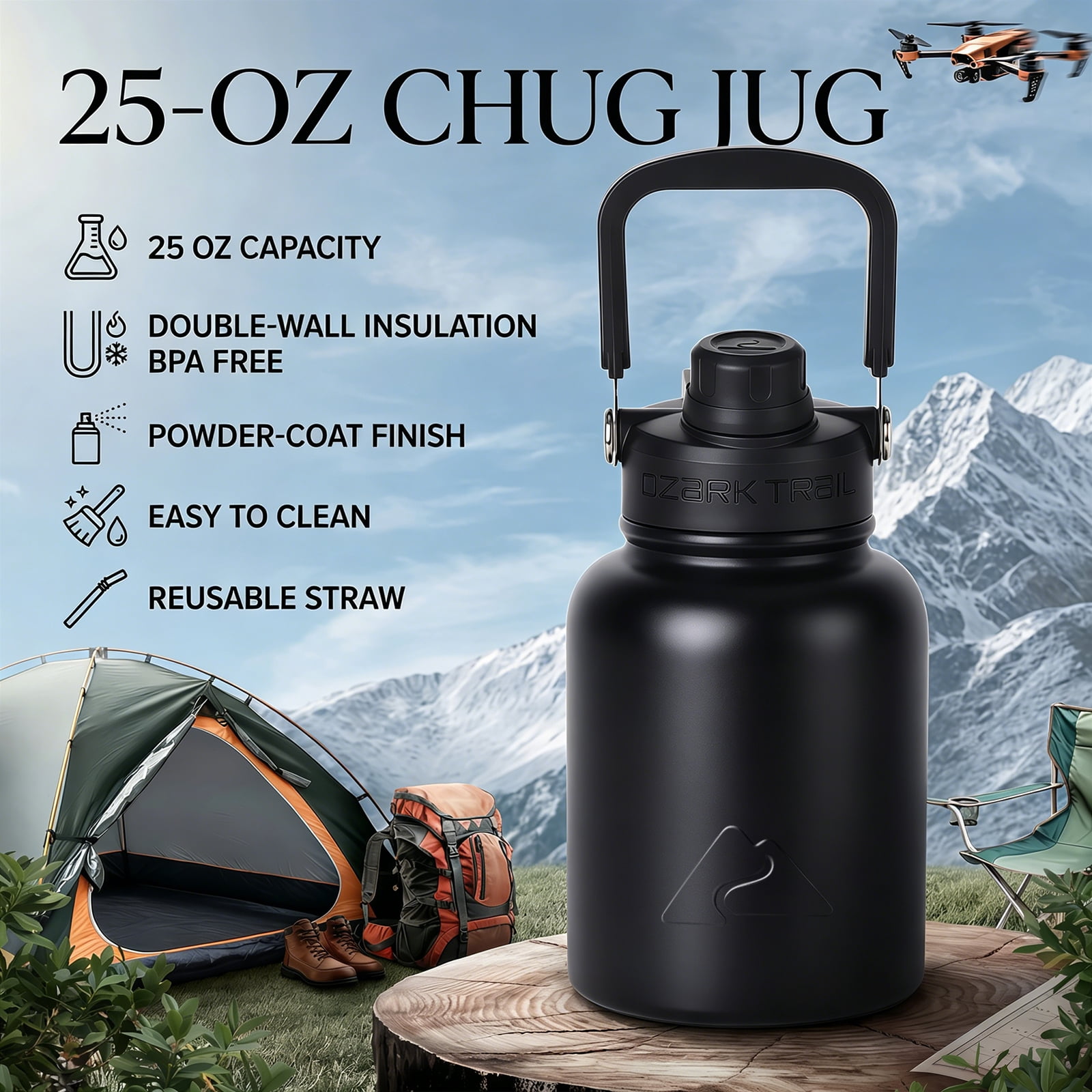 Ozark Trail 25 oz Stainless Steel Insulated Chug Bottle, Black