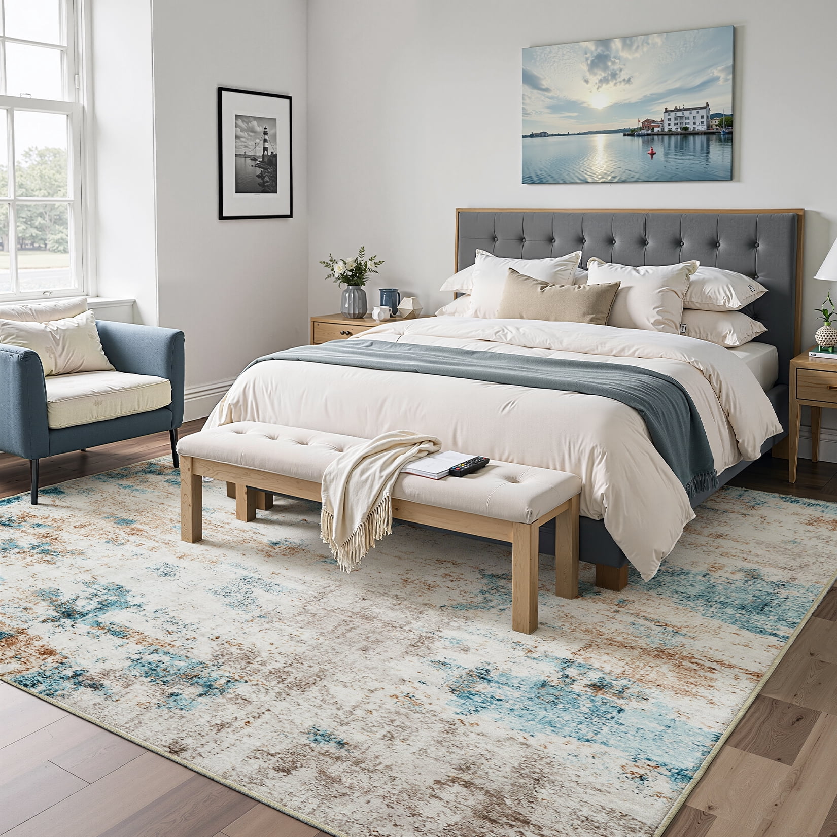 Toyoso 5x7 Machine Washable Area Rug, Modern Abstract Marble Soft Polyester Rug, Non-Slip Living Room Bedroom Carpet, Farmhouse Contemporary Indoor Rug, Cream Blue
