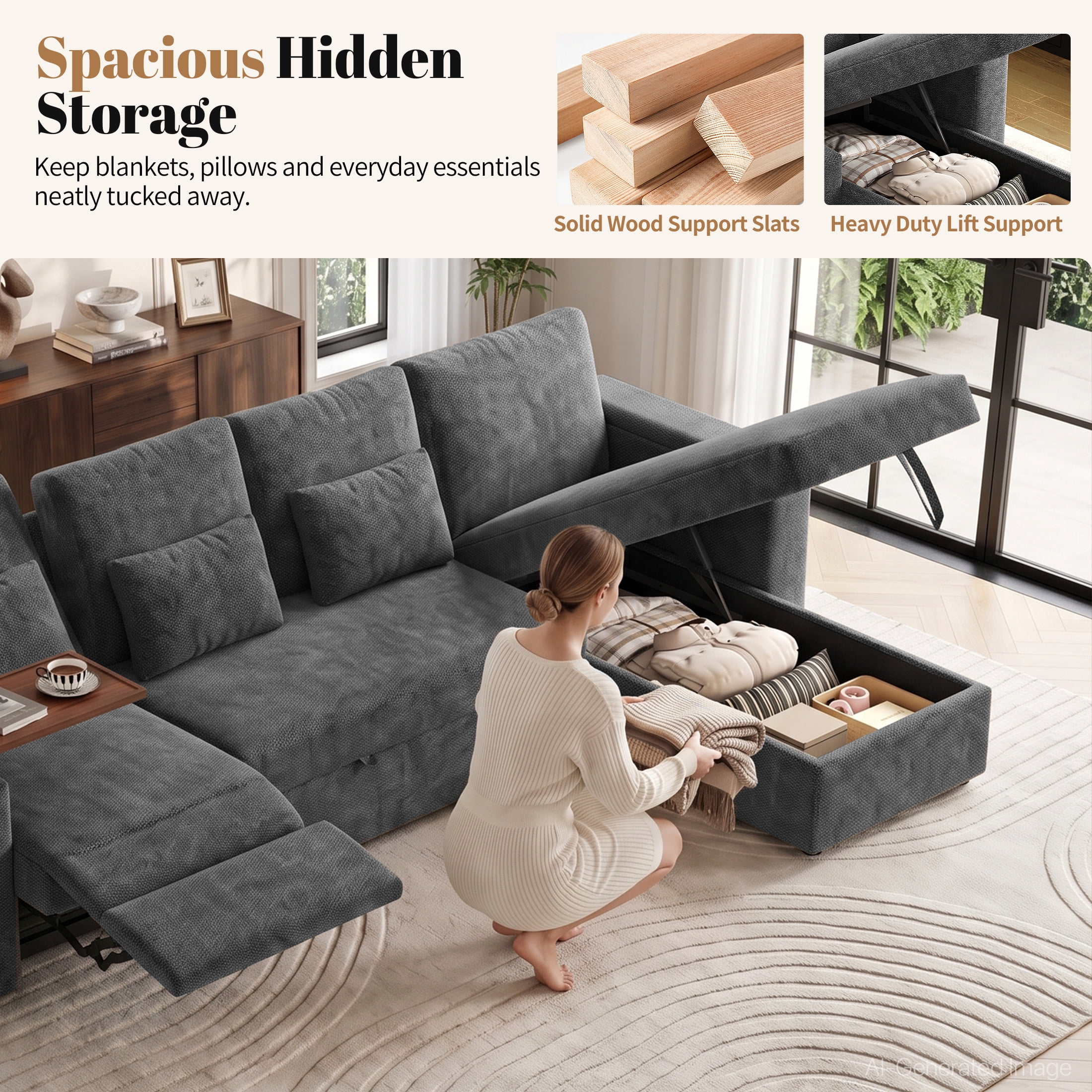 Aenkyo 108" L-Shaped Sectional Sleeper Sofa with Pull Out Bed, Recliner and Storage Chaise, Gray