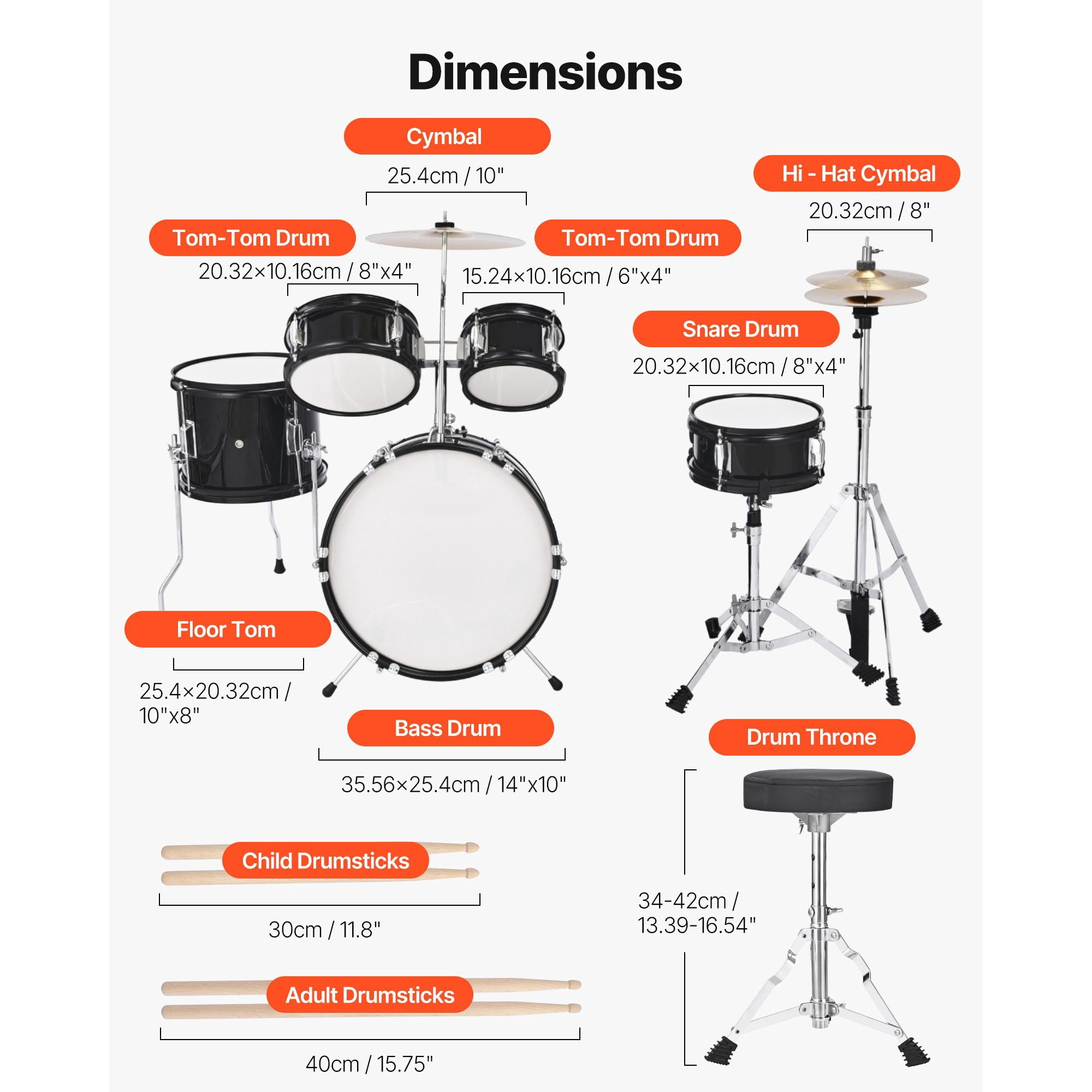 Kids Drum Set, 5-Piece 14 in Junior Drum Sets, Beginner Drums Set with Adjustable Throne, Cymbal & Two Pairs of Drumsticks, Musical Learning Drums Instruments Kit, for Children Ages 6-13 (Black)
