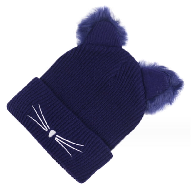 Gorro de lana de cordero para mujer, cálido gorro de invierno de punto trenzado con dos orejas de pompón y orejas de gato