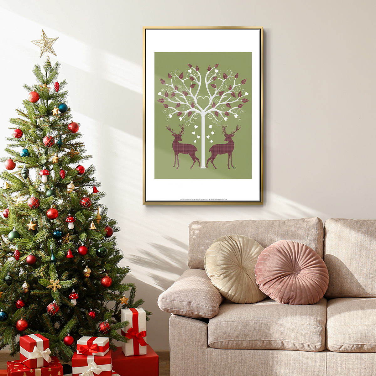 Christmas Des - Deer and Heart Tree, Pink On Green - Framed Gallery Wrapped Holiday Canvas - 25 x 37 - Gold Frame