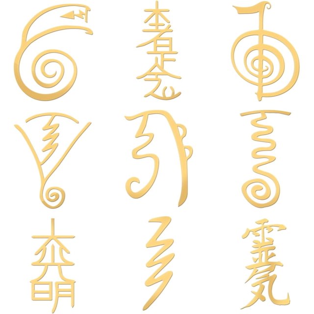 9 pegatinas de metal de 1,6 x 1,6 pulgadas con temática religiosa, autoadhesivas, doradas, con símbolos de Reiki dorados, para álbumes de recortes, manualidades con resina, decoración de teléfonos y