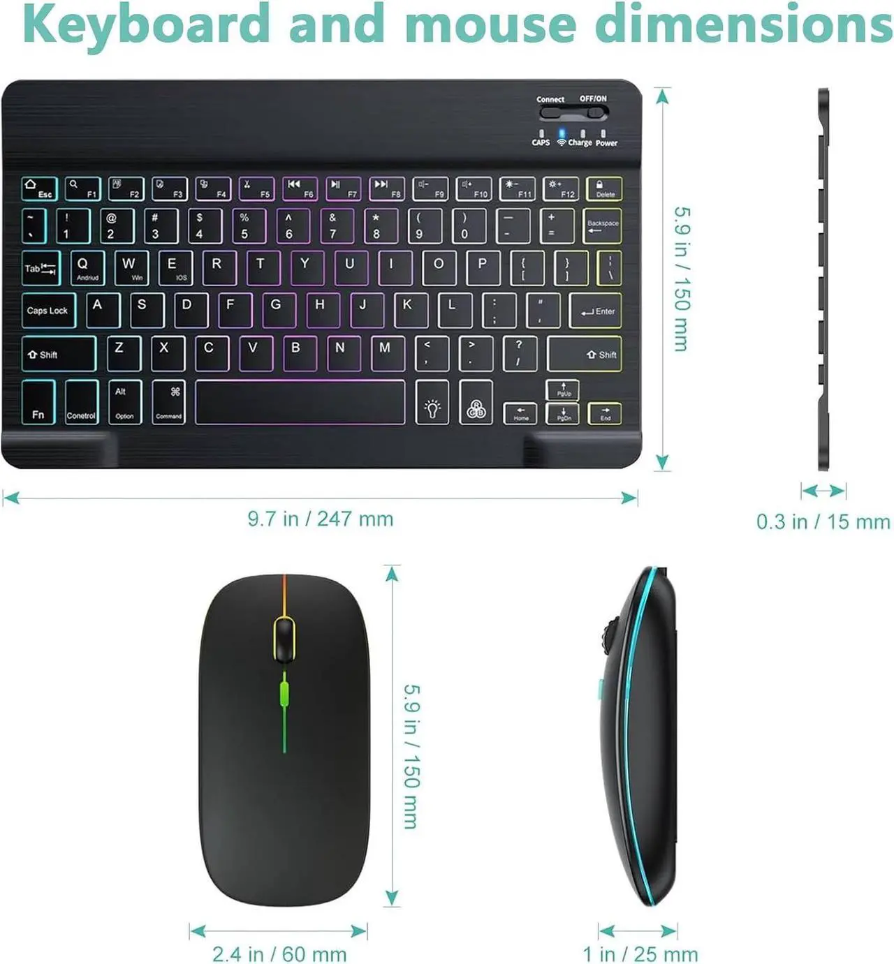 Bluetooth Keyboard and Mouse Combo with 7-Color Backlit, Rechargeable Wireless Keyboard for iPad/Samsung/Tablet/PC/Laptop/iPhone/iOS/Windows/Android