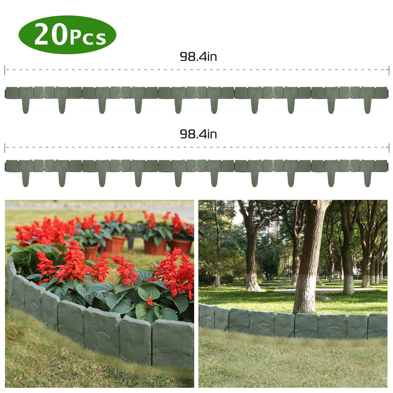 20Pcs Garden Stone Effect Edging Border ,Plastic Flower Bed Lawn Fencing DIY Decor Green