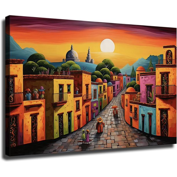 Arte Mural: Pueblo Mexicano Colorido al Atardecer, Decoración para Hogar y Negocios