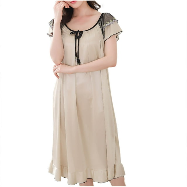 Timegard Robe de Nuit pour Femmes Col Rond Dentelle Manches Courtes Tenue d'Intérieur à Volants Confortable Ample Robes de Pyjama