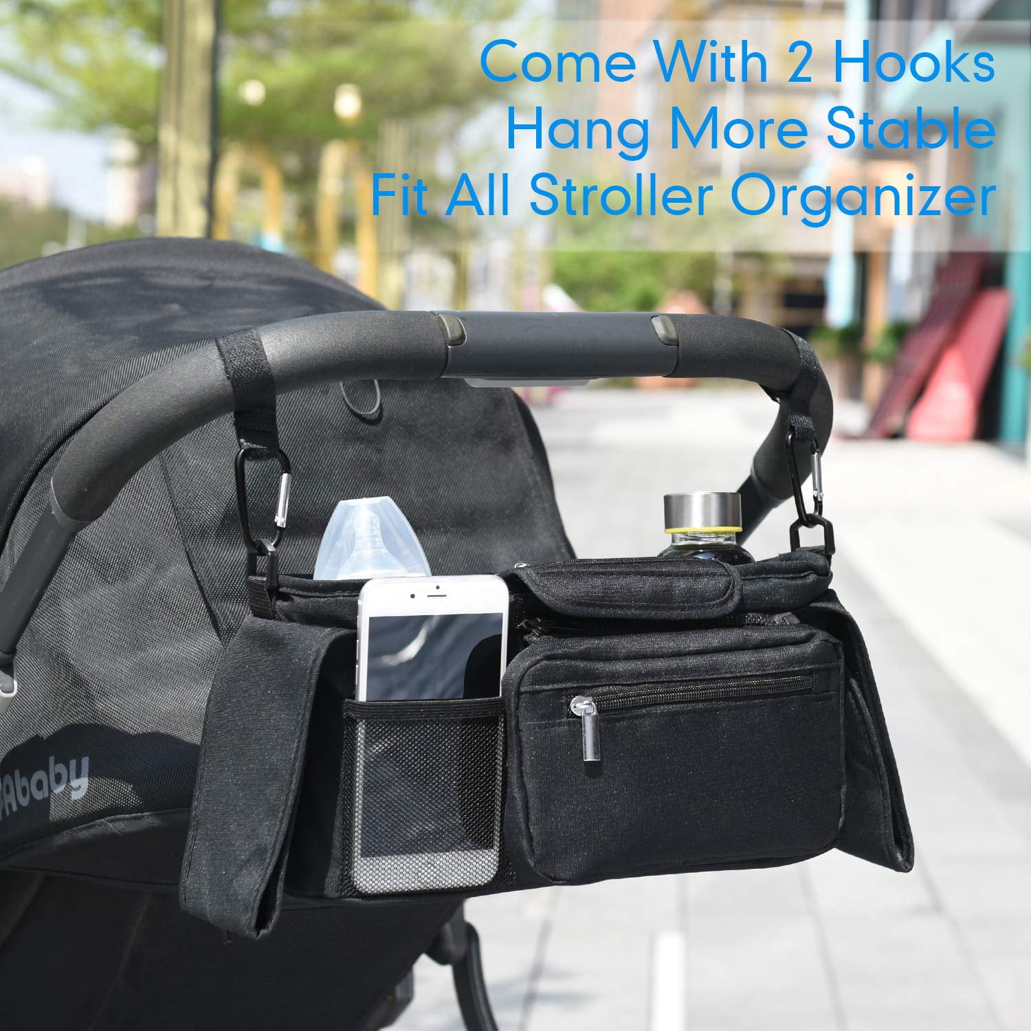 Universal Stroller Organizer with 2 Insulated Cup Holders, Stroller Accessories, for Carrying Diaper, iPhone, Toys & Snacks, Fits Britax, Uppababy, Baby Jogger, and BOB Stroller