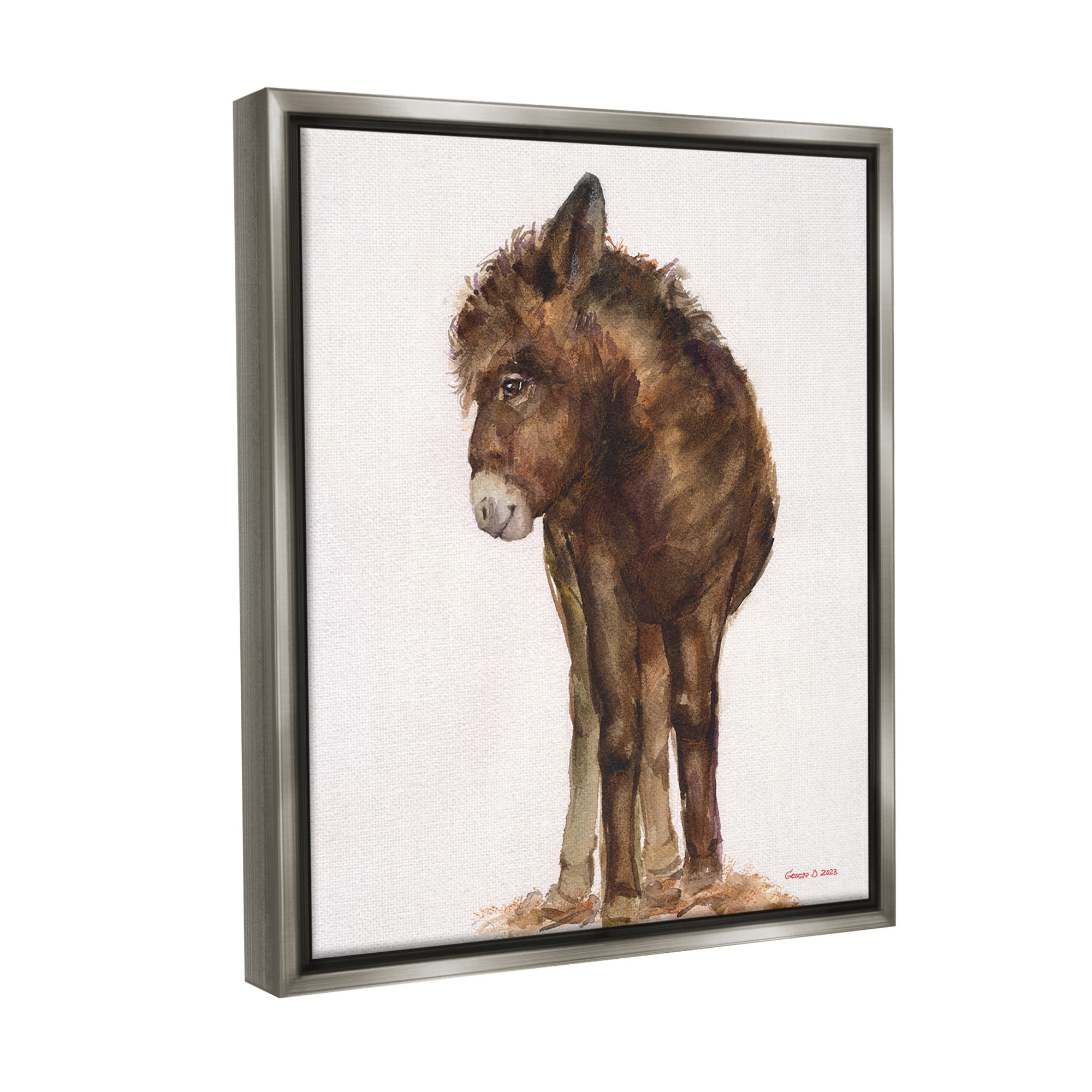 Stupell Industries Smiling Donkey Foal Animals & Insects Painting Gray Floater Framed Canvas Art Print Wall Art, 17 x 21