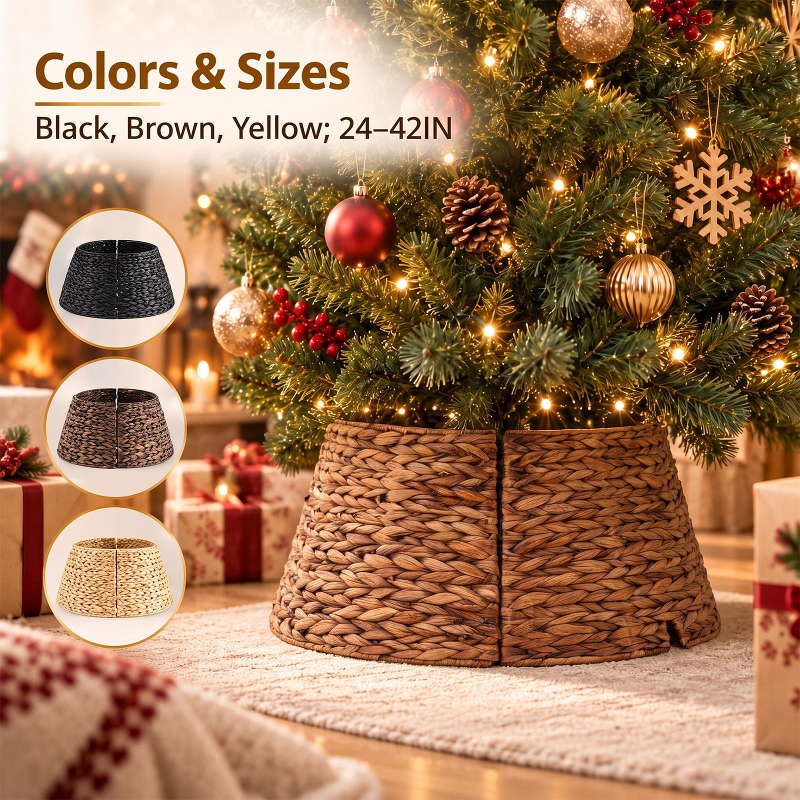 Alvantor Christmas Tree Collar, Woven Rattan Stand Cover with Cord Port, Brown 24IN