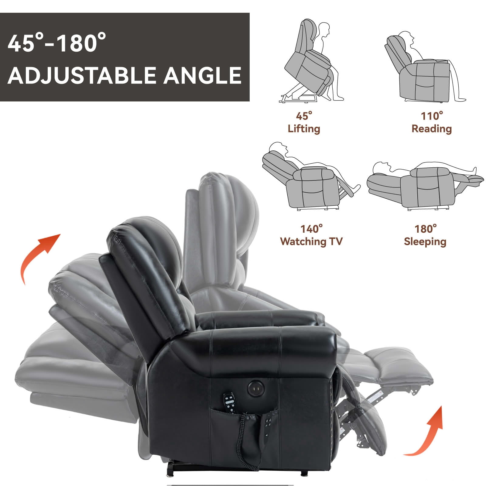 MAYEERTY 350lbs Black Genuine Leather Power Lift Recliner, Dual Motor 180° Infinite Position Tall Chair with Heat Massage USB Ports