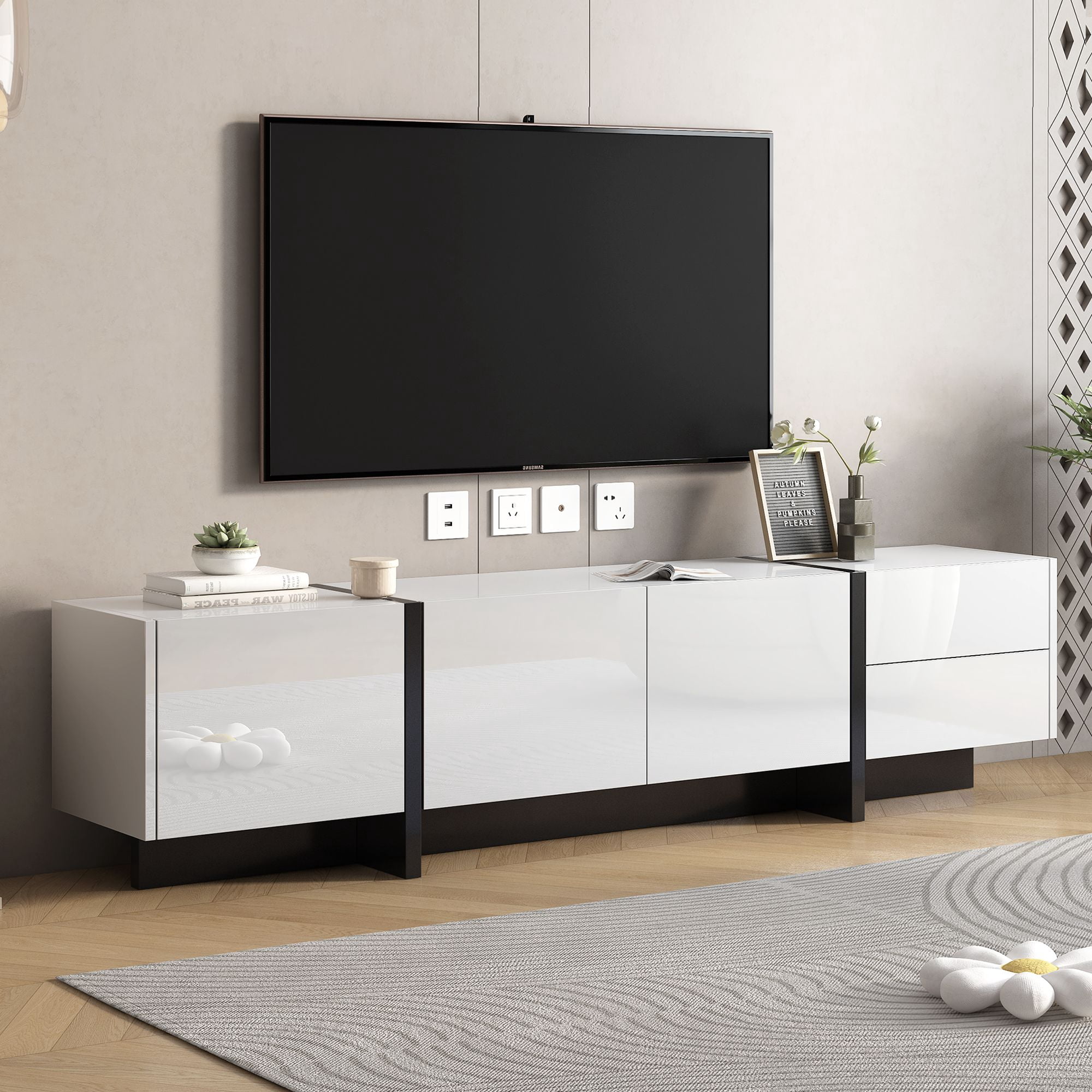 Aukfa TV Stand with 2 Drawers and 3 Big Cabinets for TVs up to 80" - White