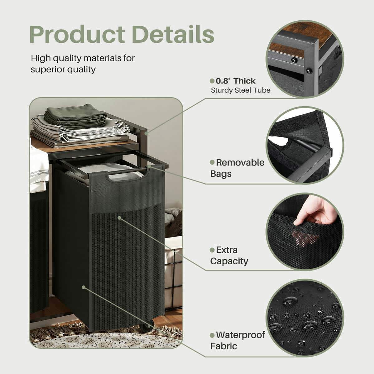 Kadyn Bathroom Laundry Basket, Laundry Hamper,Laundry Hamper with 2 Pull-Out Removable Laundry Bags Clothing Sorter with Shelf and Wheels, Black