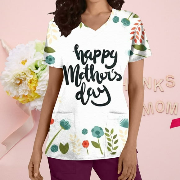 LSLJS Hauts à Manches Courtes à Col en V pour Femmes, Uniforme de Travail Imprimé avec Poche, Blouse, Hauts, Sarraus pour Femmes Grande Taille