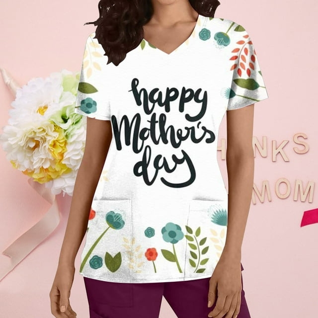 LSLJS Hauts à Manches Courtes à Col en V pour Femmes, Uniforme de Travail Imprimé avec Poche, Blouse, Hauts, Sarraus pour Femmes Grande Taille