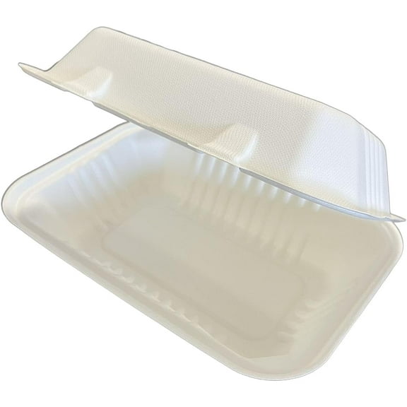 9"X6" HINGED WHITE PAPER BOX,MICROWAVABLE, NATURAL BAGASSE