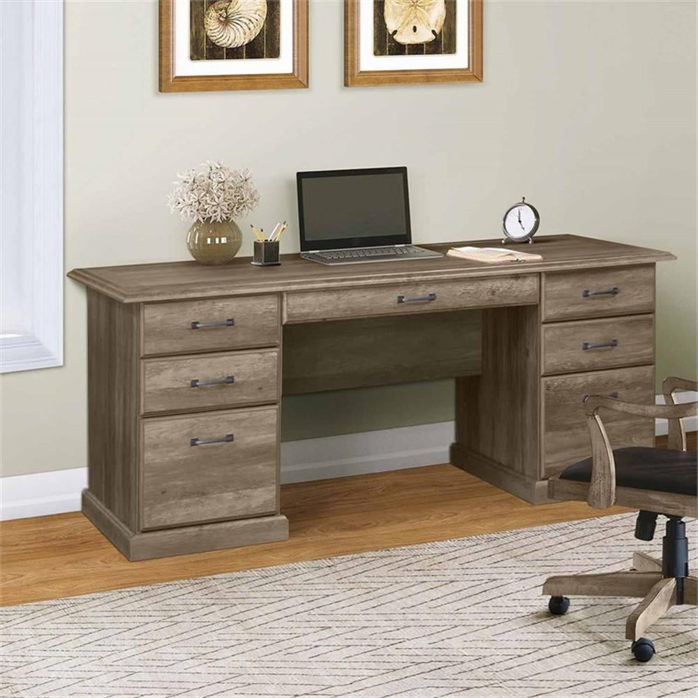 Pemberly Row Contemporary 65" Executive Desks in Rustic Oak Finish
