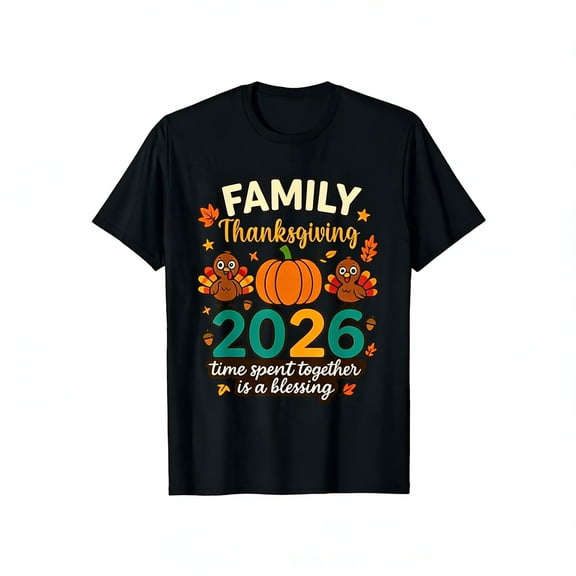 Happy Family Thanksgiving 2026 Matching Family T-Shirts - Heavyweight 220GSM Cotton Crew Neck Tees with Turkey & Autumn Leaves Design - Funny "Time Spent Together is a