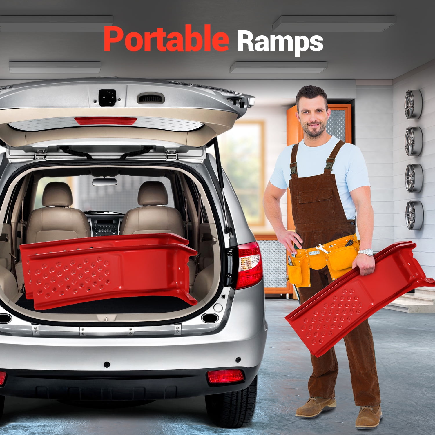 Kicctian 2 Pack Heavy Duty 8000 lbs Capacity Steel Car Ramps, 8 Inch Lift Height, Non-Slip Surface, for Garage Auto Repair & Vehicle Maintenance, Red