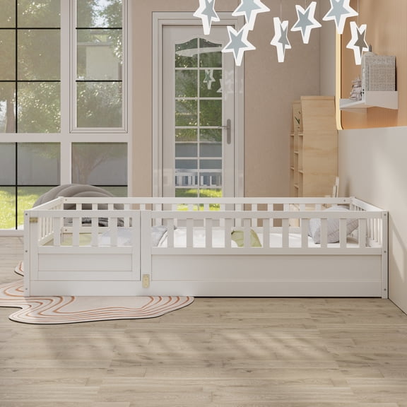 Twin Size Floor Bed with Door and Fence for Kids, Montessori Floor Bed with Slats and Safety Guardrails, Solid Wood Twin Bed Frame for Girls Boys, White