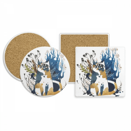 

Three Eyes Cat Watercolor Animal Coaster Cup Mug Holder Absorbent Stone Cork Base Set