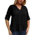 thumbnail image 4 of WellSize 3/4 Roll Sleeve Work Shirts for Women Plus Size Tunic Tops Flowy V Neck Button Down Blouses with Pockets, 4 of 8